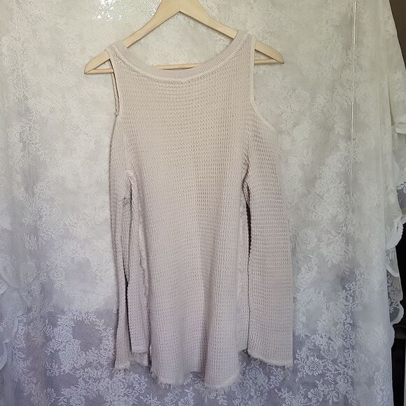 Free People Sunrise Sunset Sweater Cream Thermal Knit Cold Shoulder Size M - Picture 6 of 7